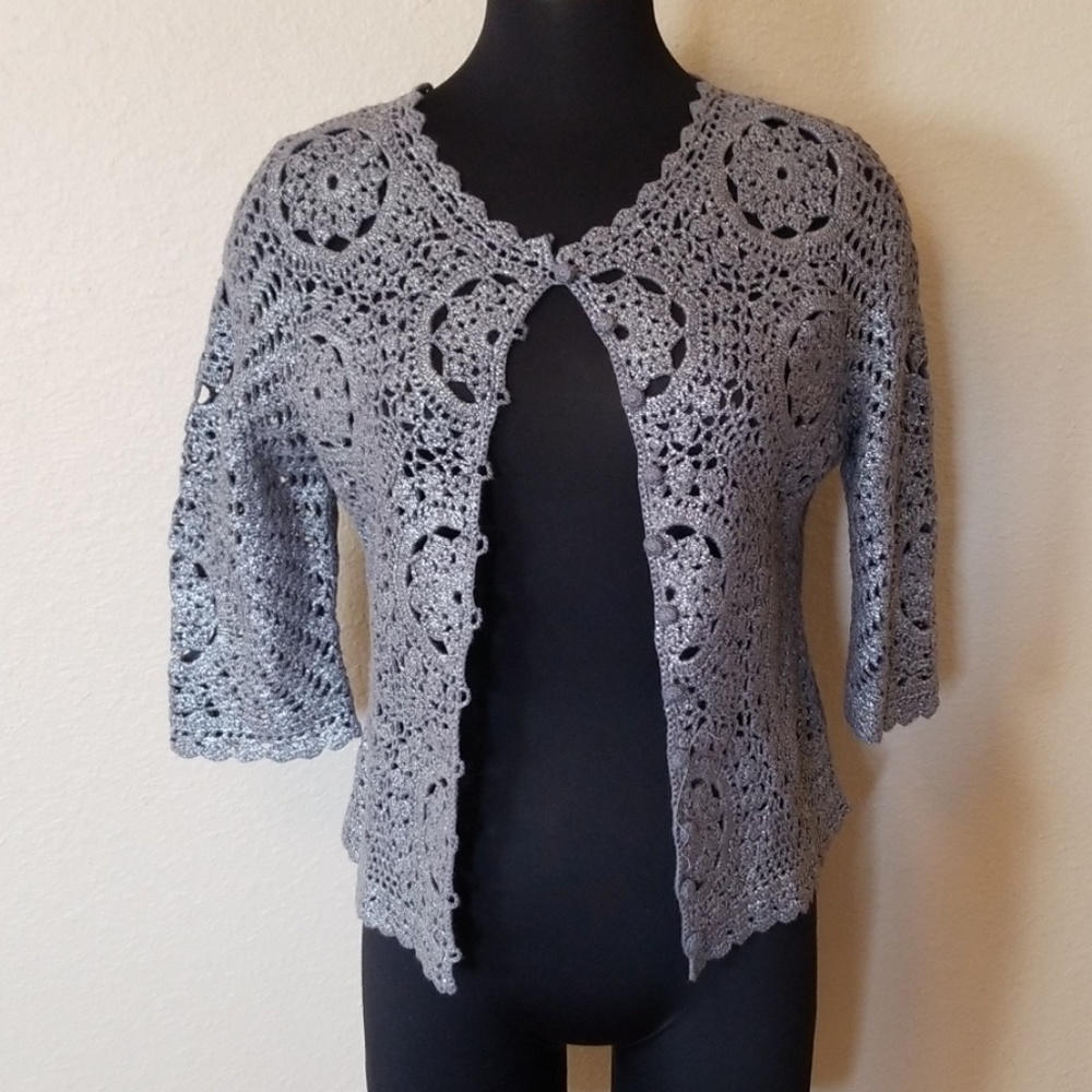 BCBG New Open Weave Gray Silver Floral Cardigan